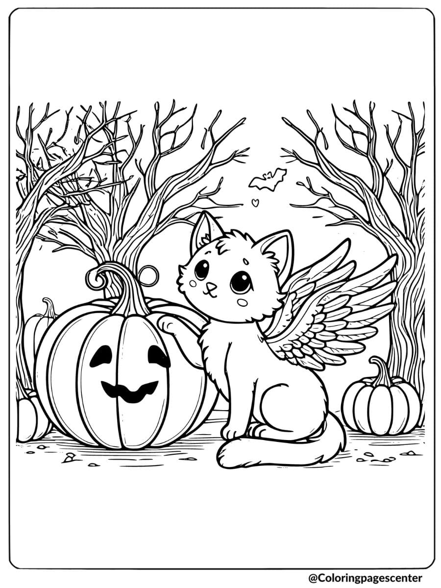 Halloween themed of a winged cat coloring page