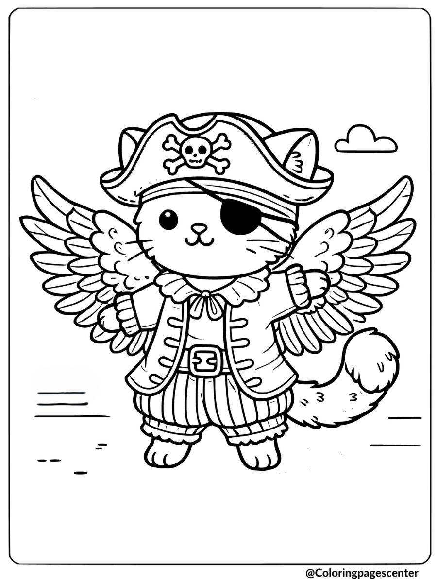 Coloring page of a winged cat wearing a pirate outfit