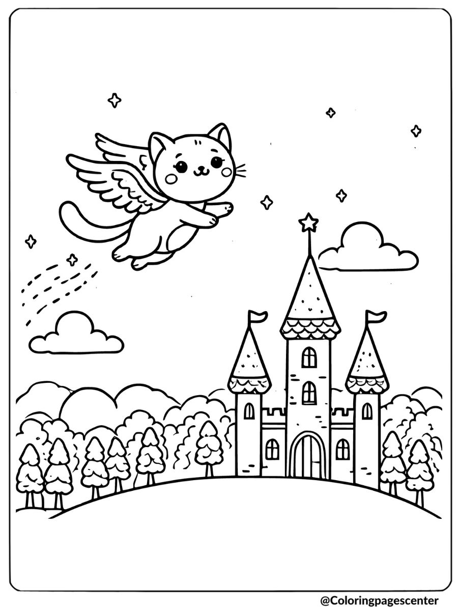 Winged cat and castle coloring page