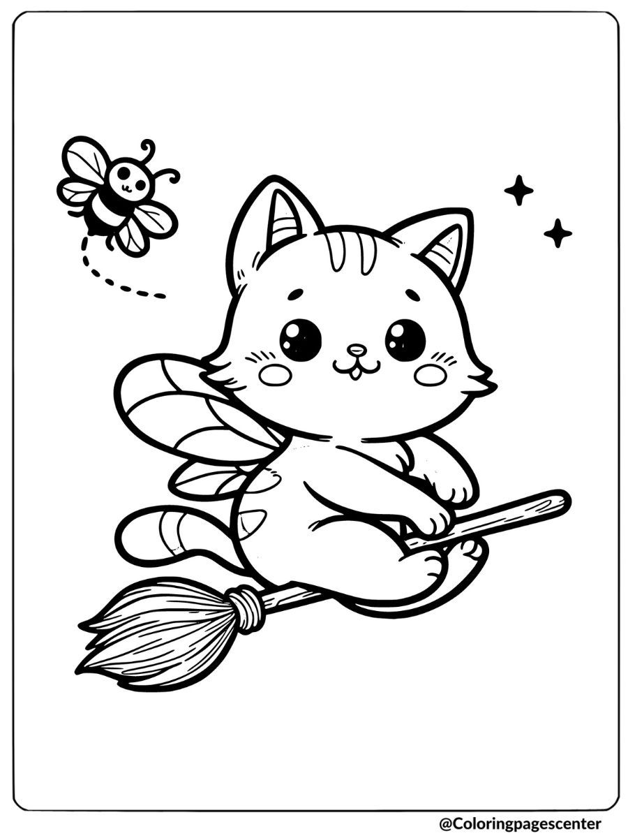 Coloring page of a winged cat on a broom.