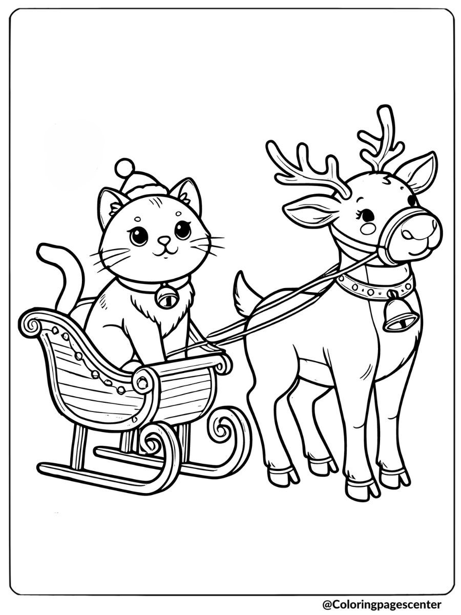 Winter sleigh ride with cat and reindeer coloring page