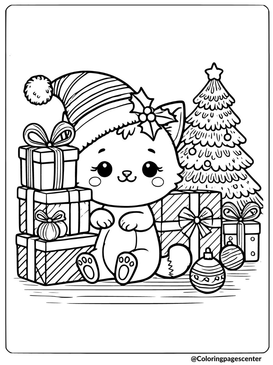 Cat with Christmas gifts coloring page 