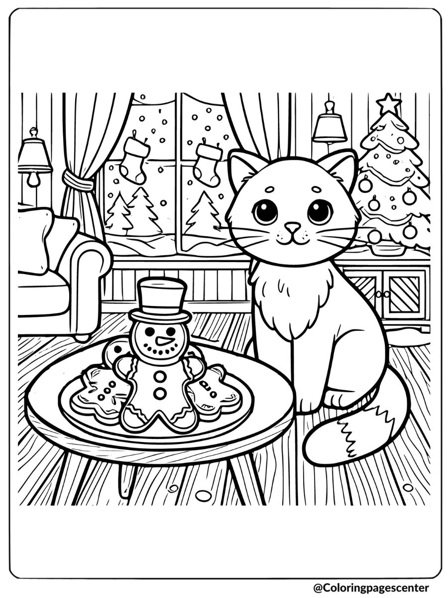 Cat and Christmas cookie coloring page