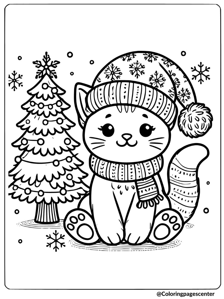 coloring page of a cat wearing a winter hat next to a pine tree