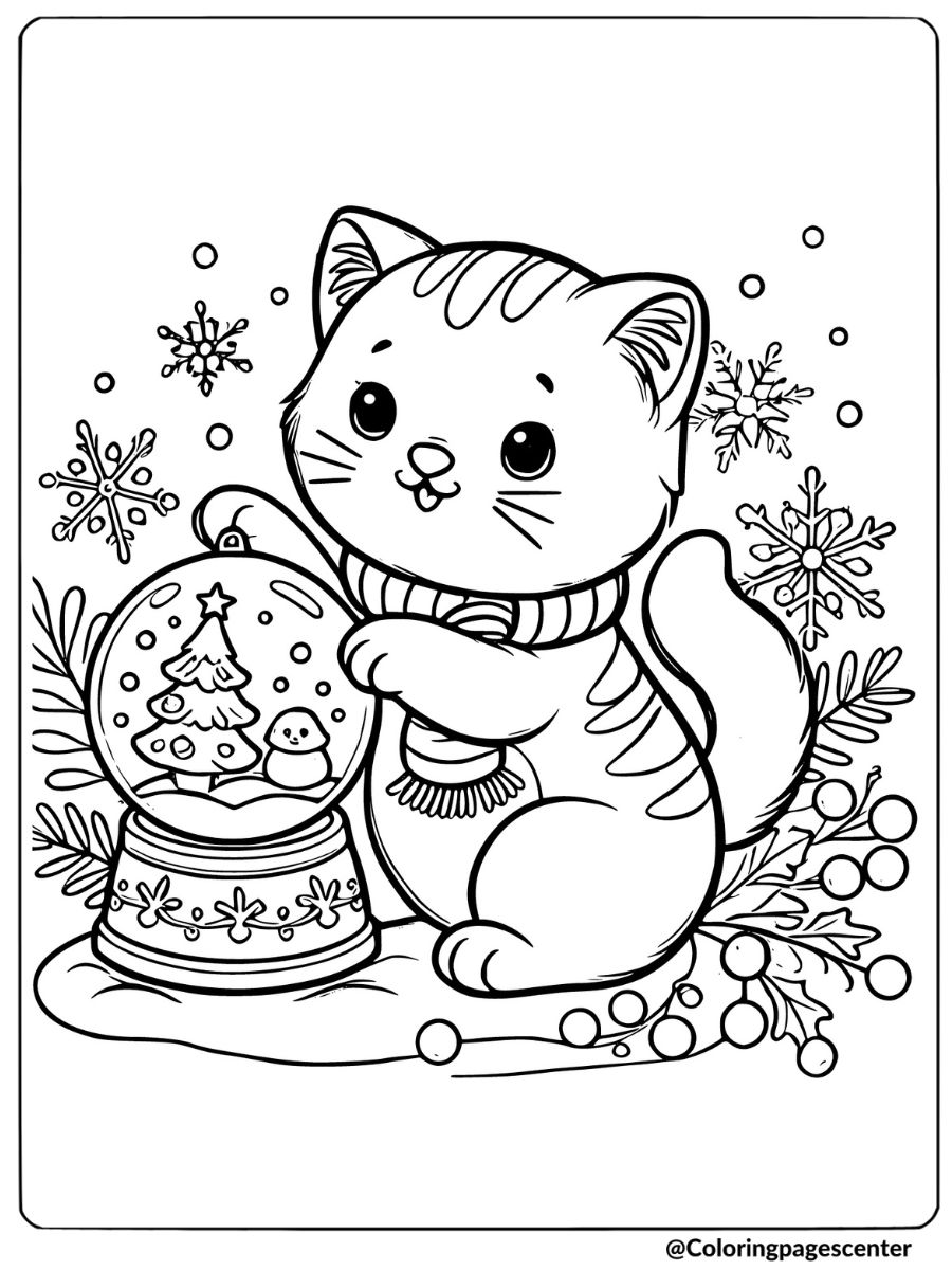 Christmas cat with a snow globe coloring page