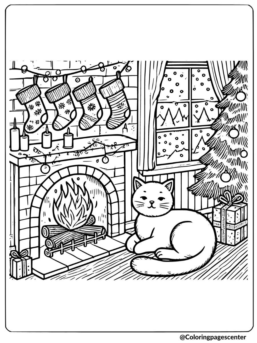 Cozy cat by the Christmas fireplace coloring page