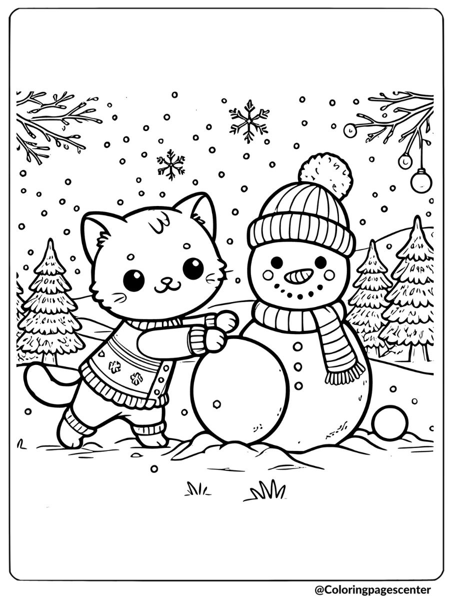 Cat making a snowman coloring page