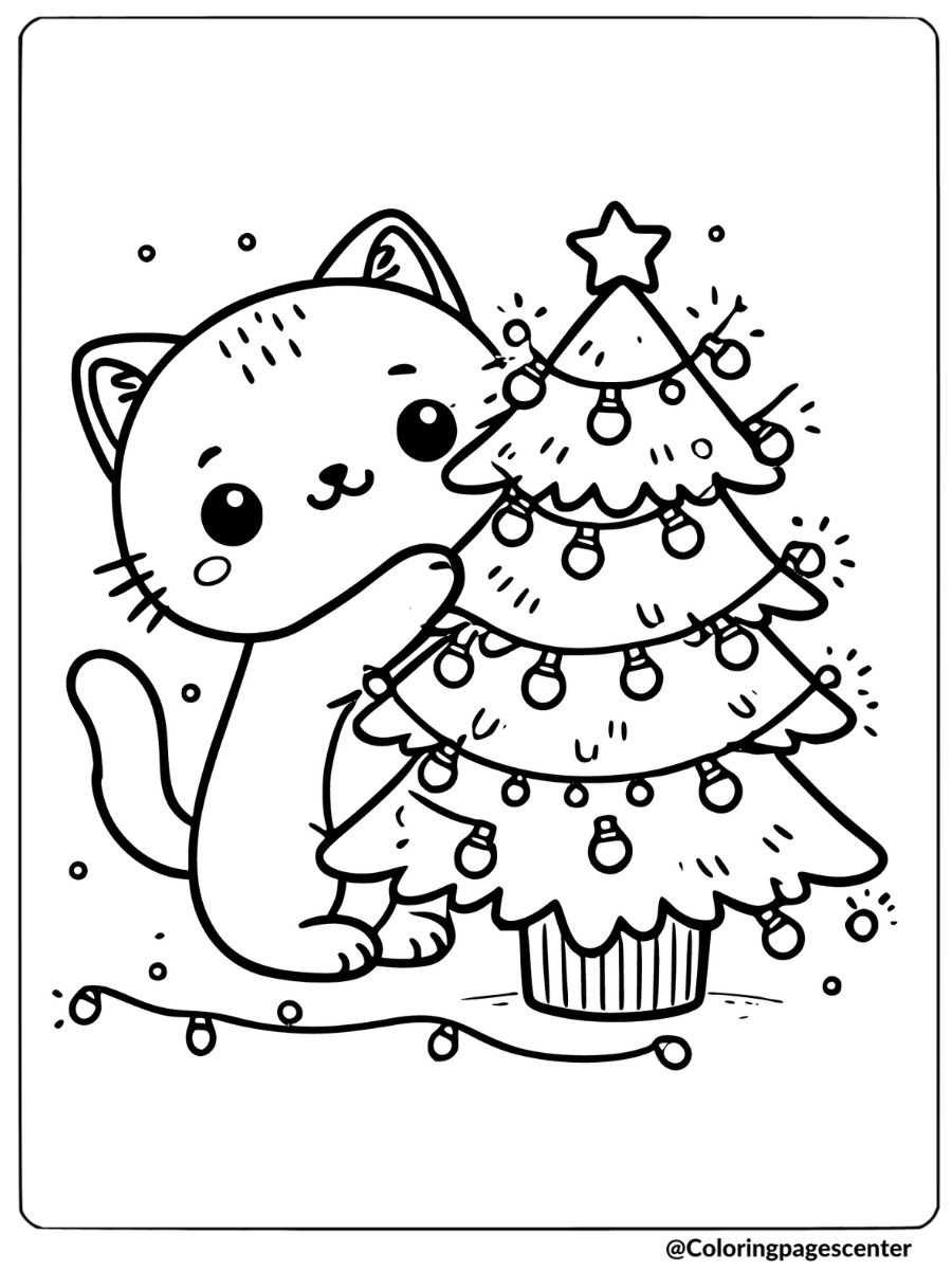 Cat decorating Christmas tree coloring page