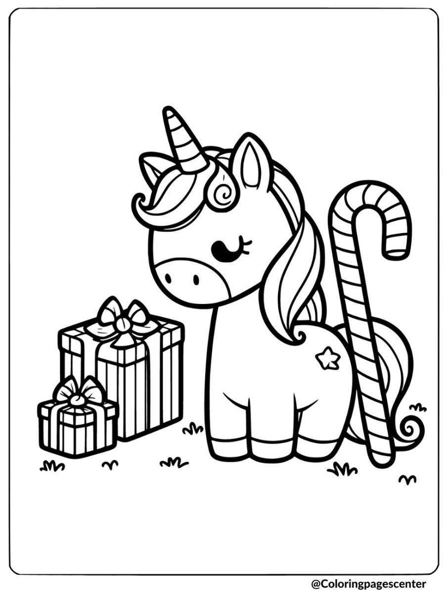 Christmas unicorn with presents coloring page