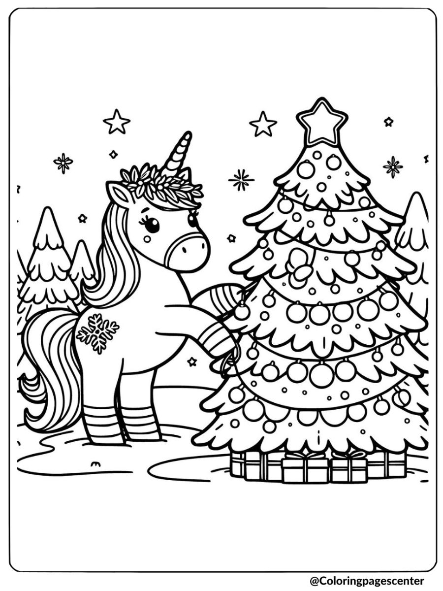 Christmas unicorn tree decorating coloring page
