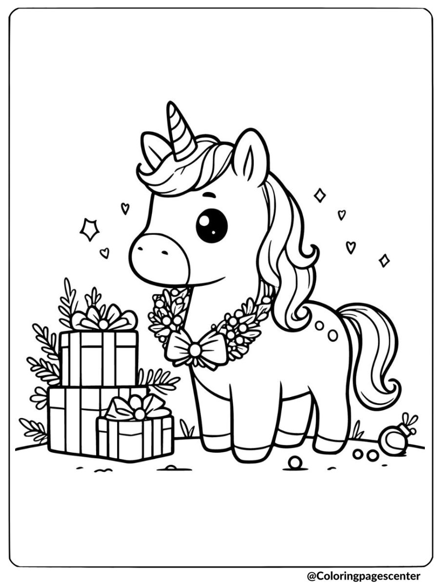 Christmas unicorn wearing wreath coloring page