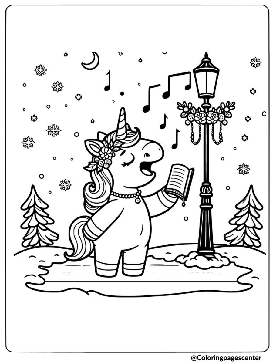 Christmas unicorn singing caroling coloring page