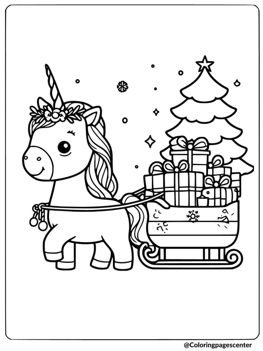 Christmas unicorn with sleigh coloring page
