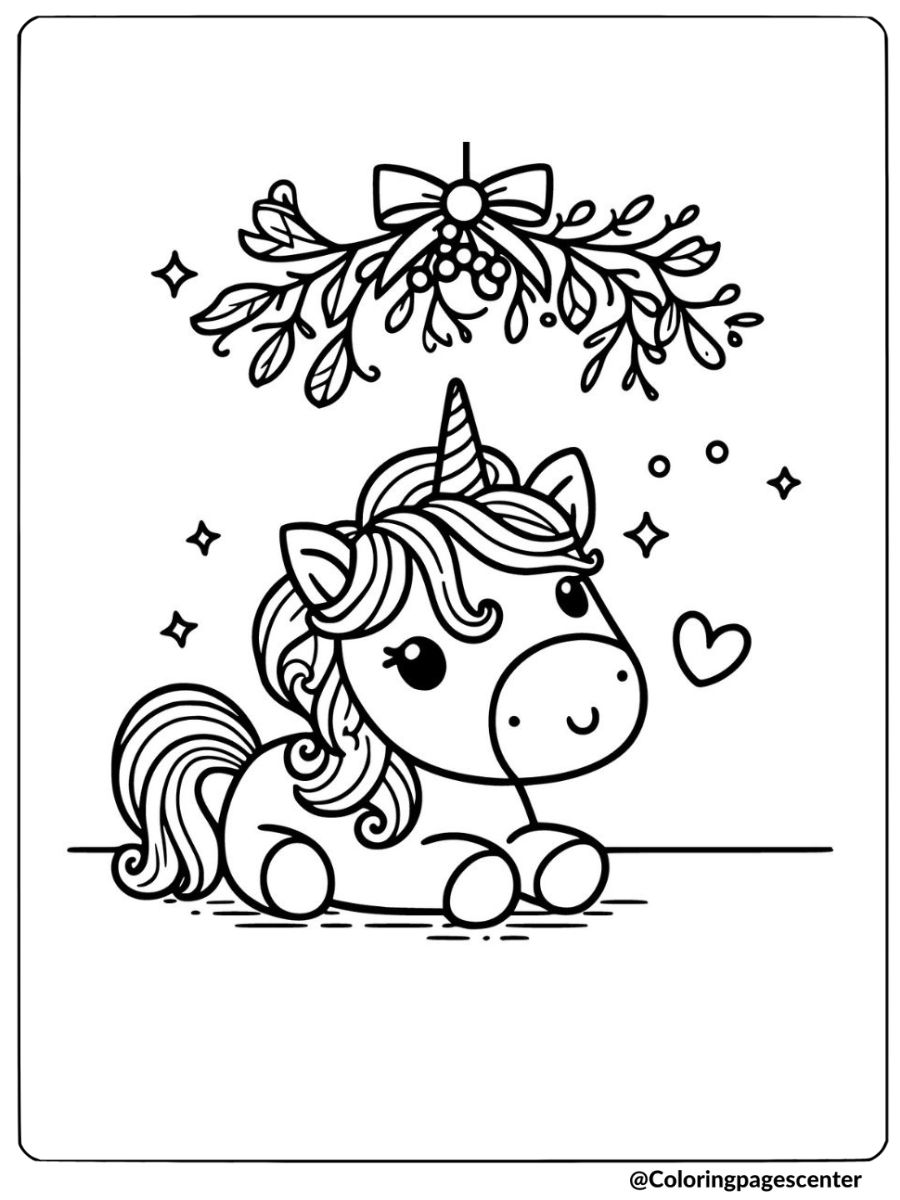Christmas unicorn mistletoe coloring page