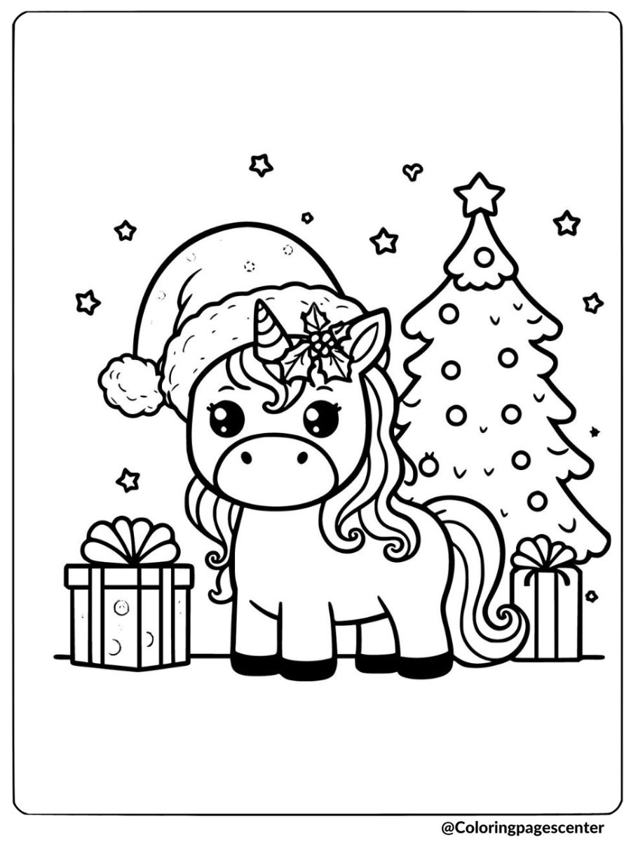 Unicorn by a Christmas tree coloring page