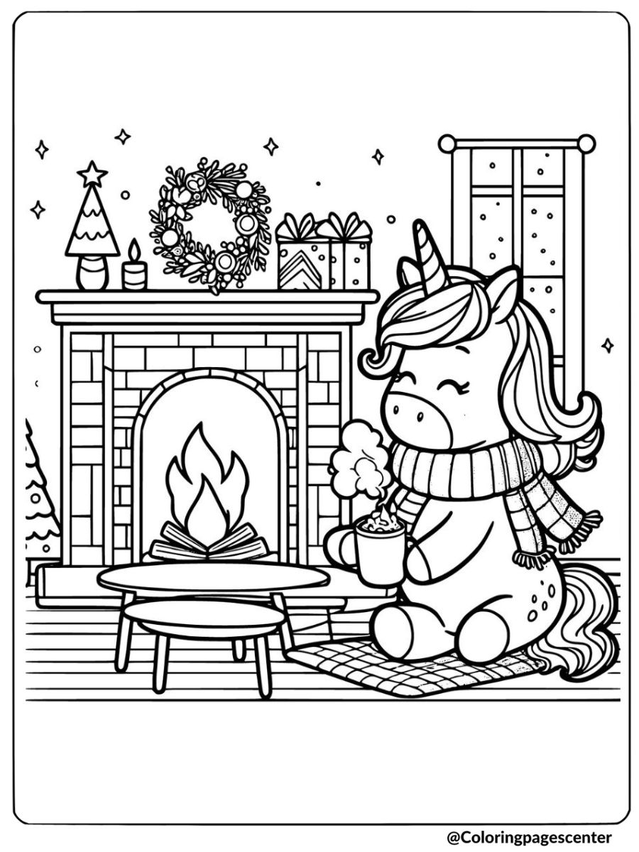 Christmas unicorn next to a fireplace coloring page