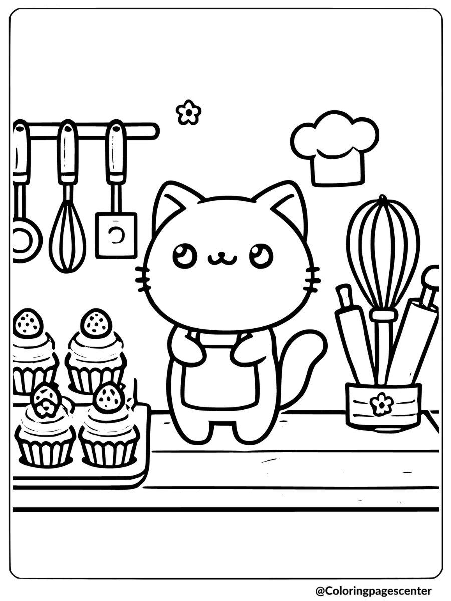 Coloring page of a cute cat in a kitchen