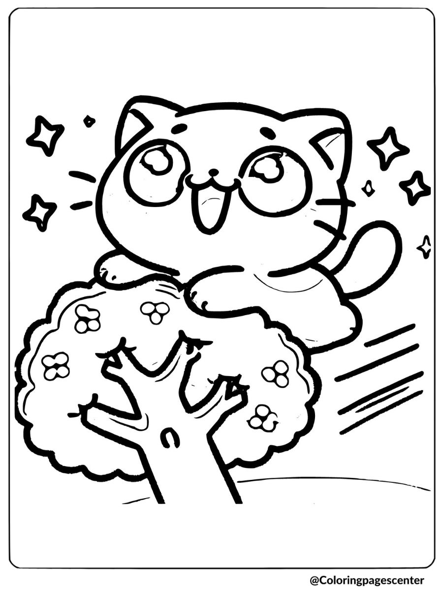 Coloring page of a cute cat climbing tree