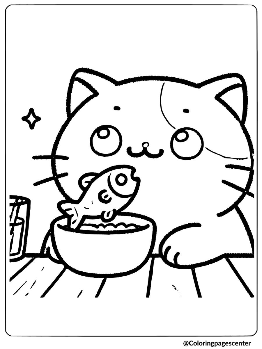 Coloring page of cute cat eating fish