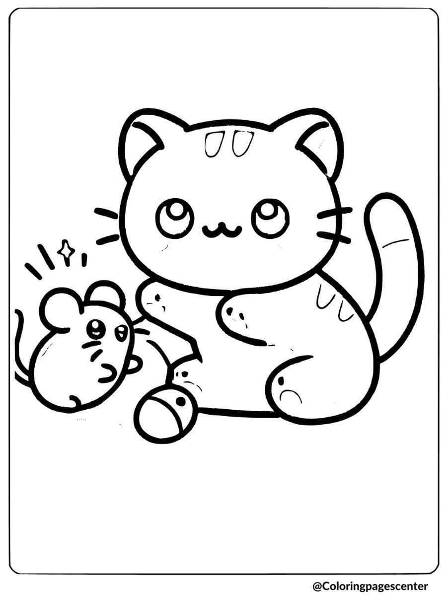 Coloring page of cute cat playing with toy mouse