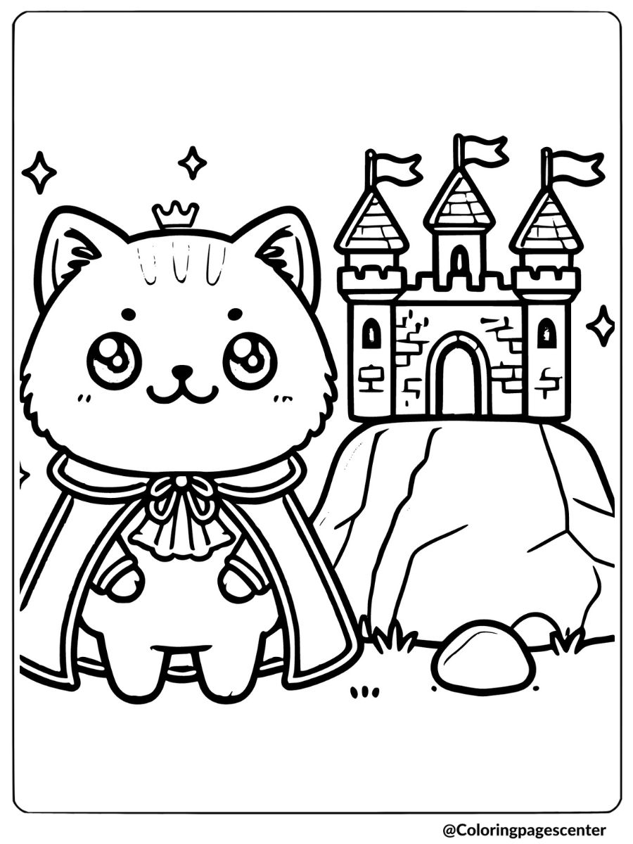 Coloring page of a cute cat and royal castle