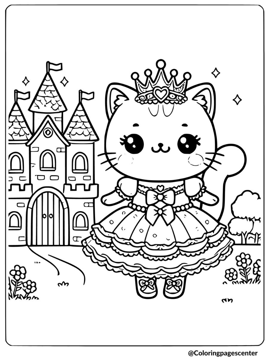 Coloring page of a cute cat princess at her castle