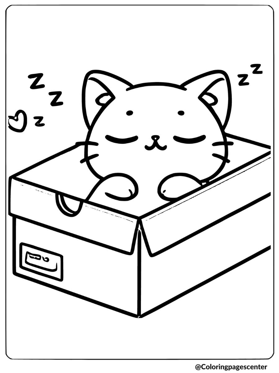 Coloring page of a cute cat sleeping in shoebox 