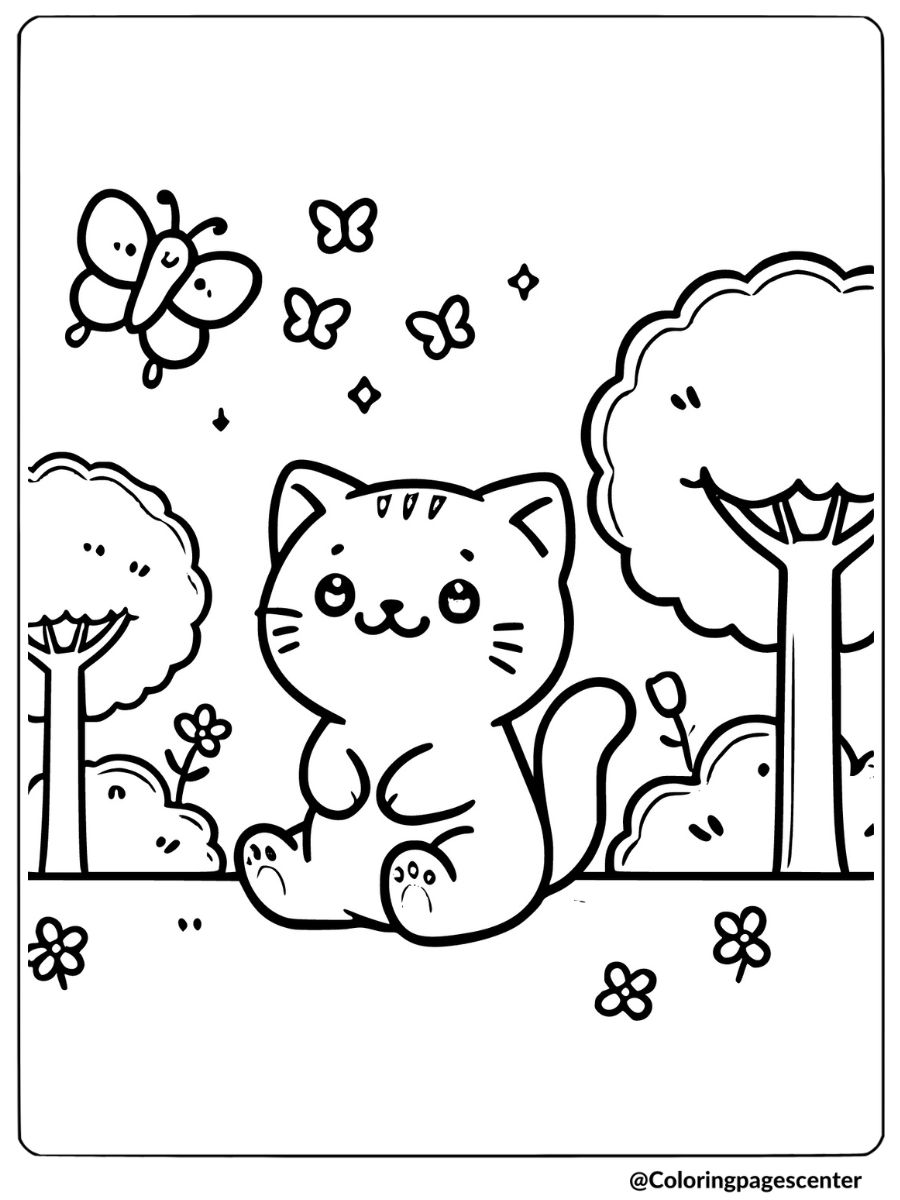 Coloring page of cute cat watching butterfly 