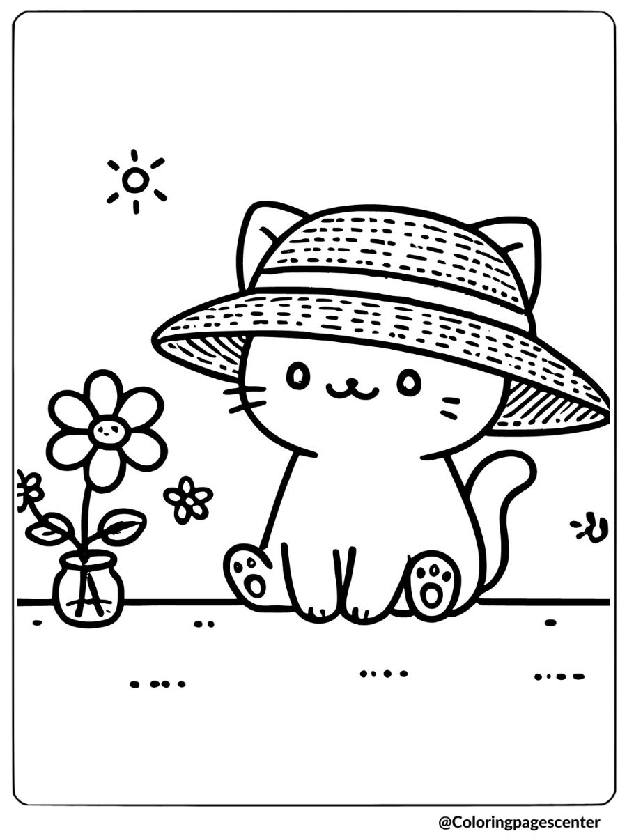 Coloring page of cute cat wearing hat 