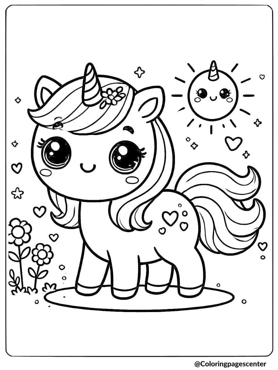 Cute unicorn with flowers and sunshine coloring page