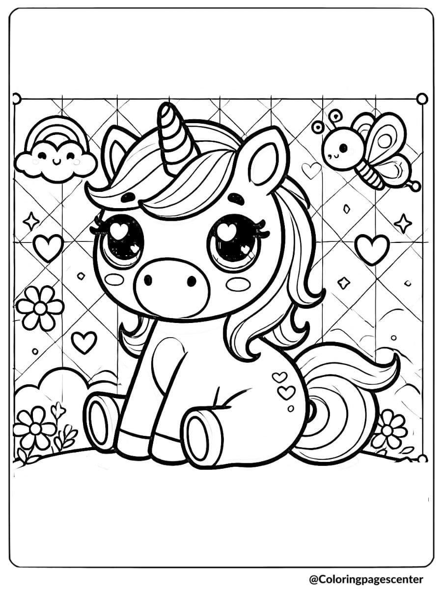 Cute unicorn surrounded by hearts and bees coloring page