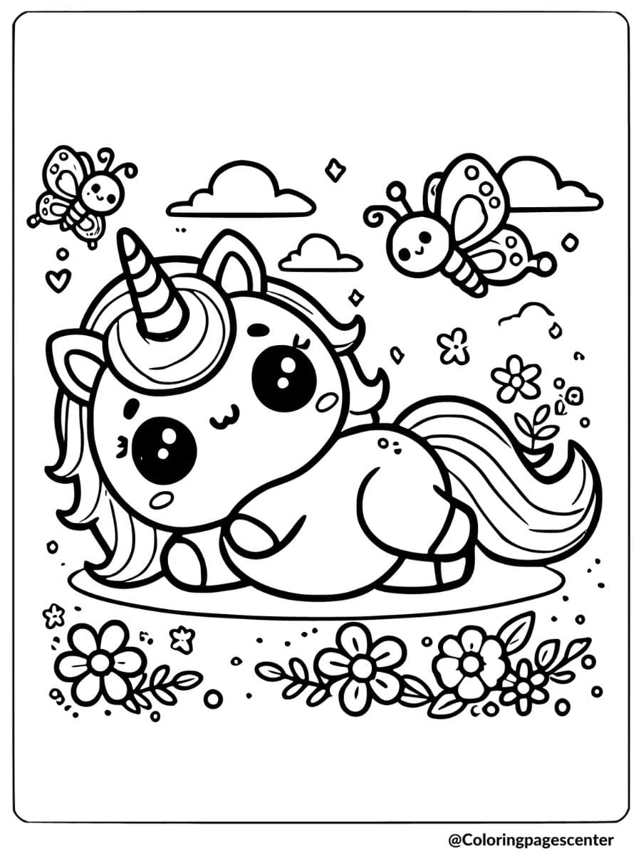 Cute unicorn surrounded by hearts and bees coloring page