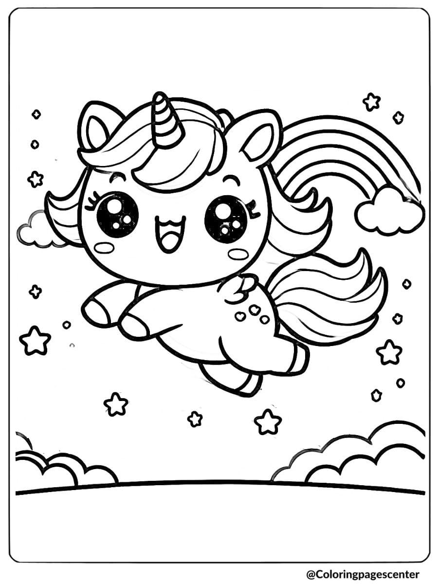 Cute unicorn soaring in the sky with stars coloring page