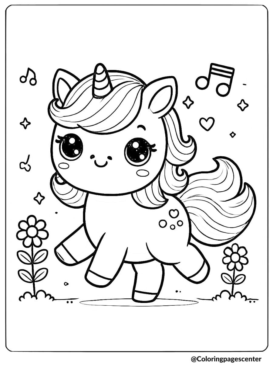 Playful cute unicorn dancing among flowers coloring page