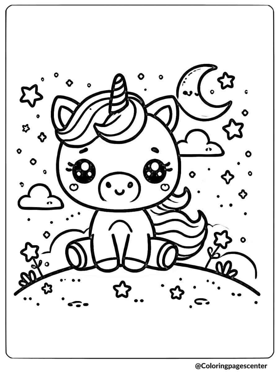 Cute unicorn under a starry night sky coloring page