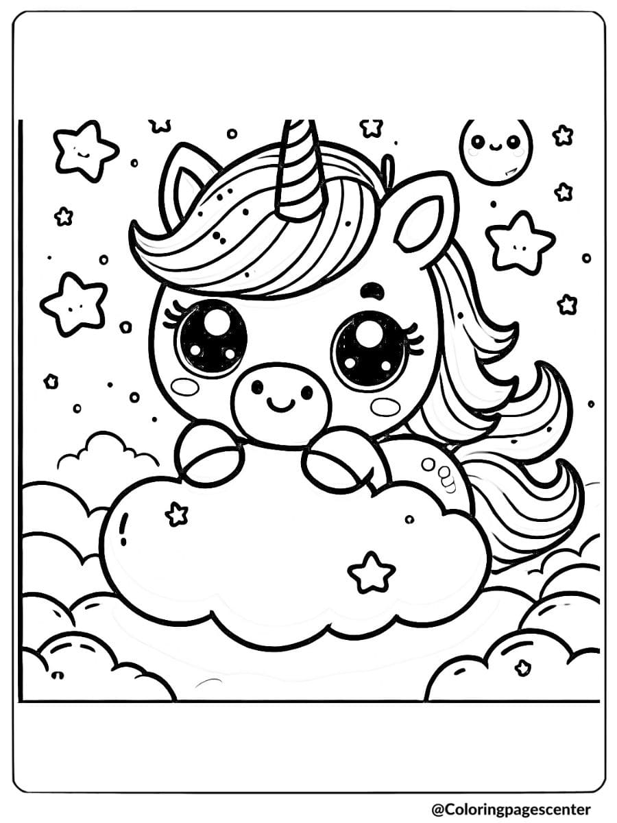 Cute unicorn peacefully resting on a cloud coloring page