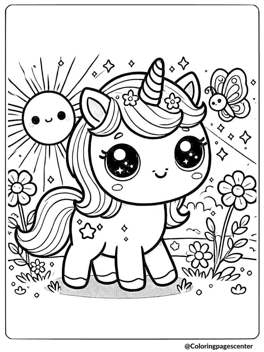 Cute unicorn standing in a garden with sun coloring page