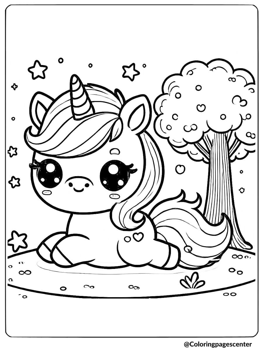 Cute unicorn resting under a tree at night coloring page