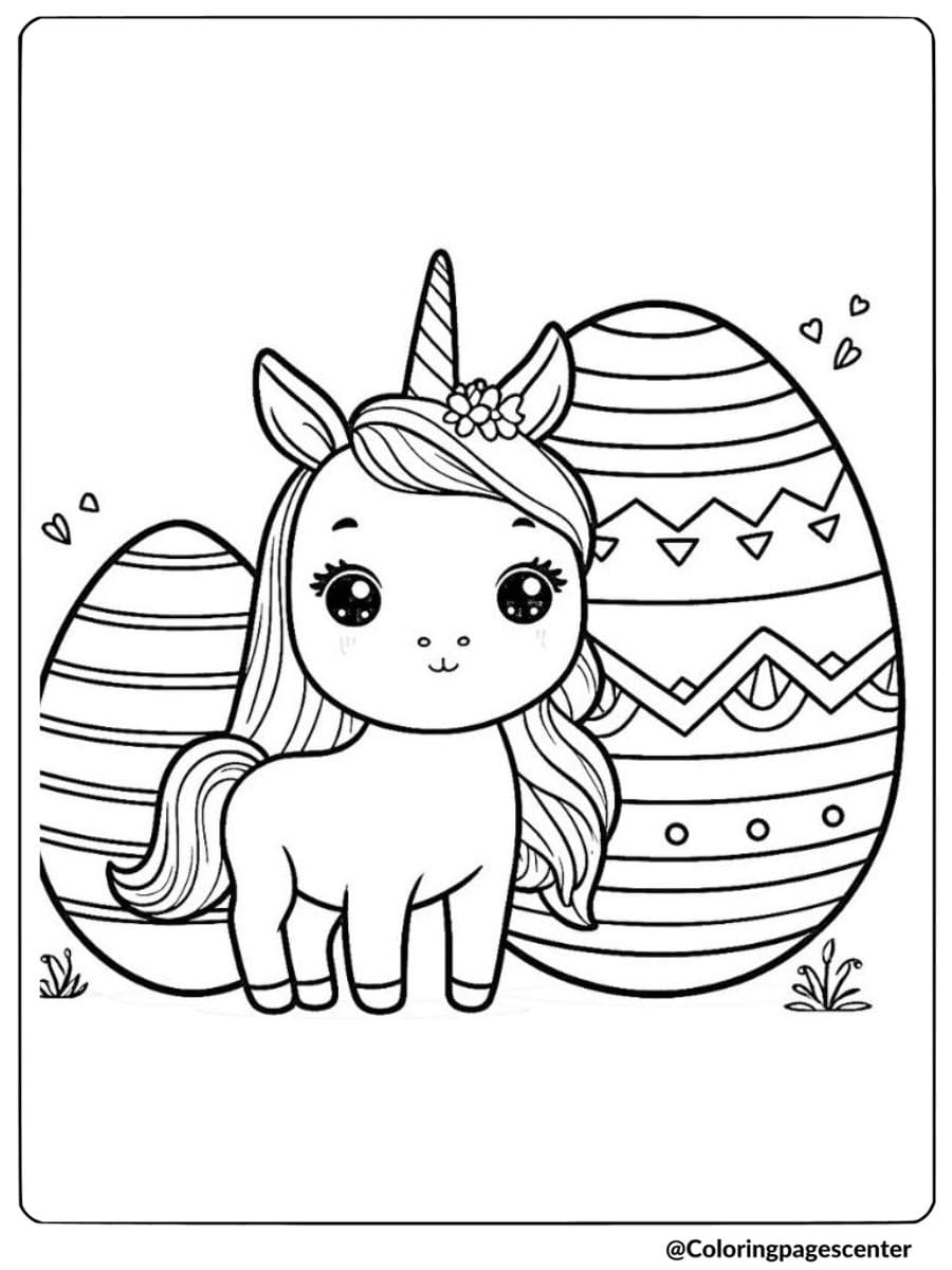 Unicorn standing with Easter eggs coloring page