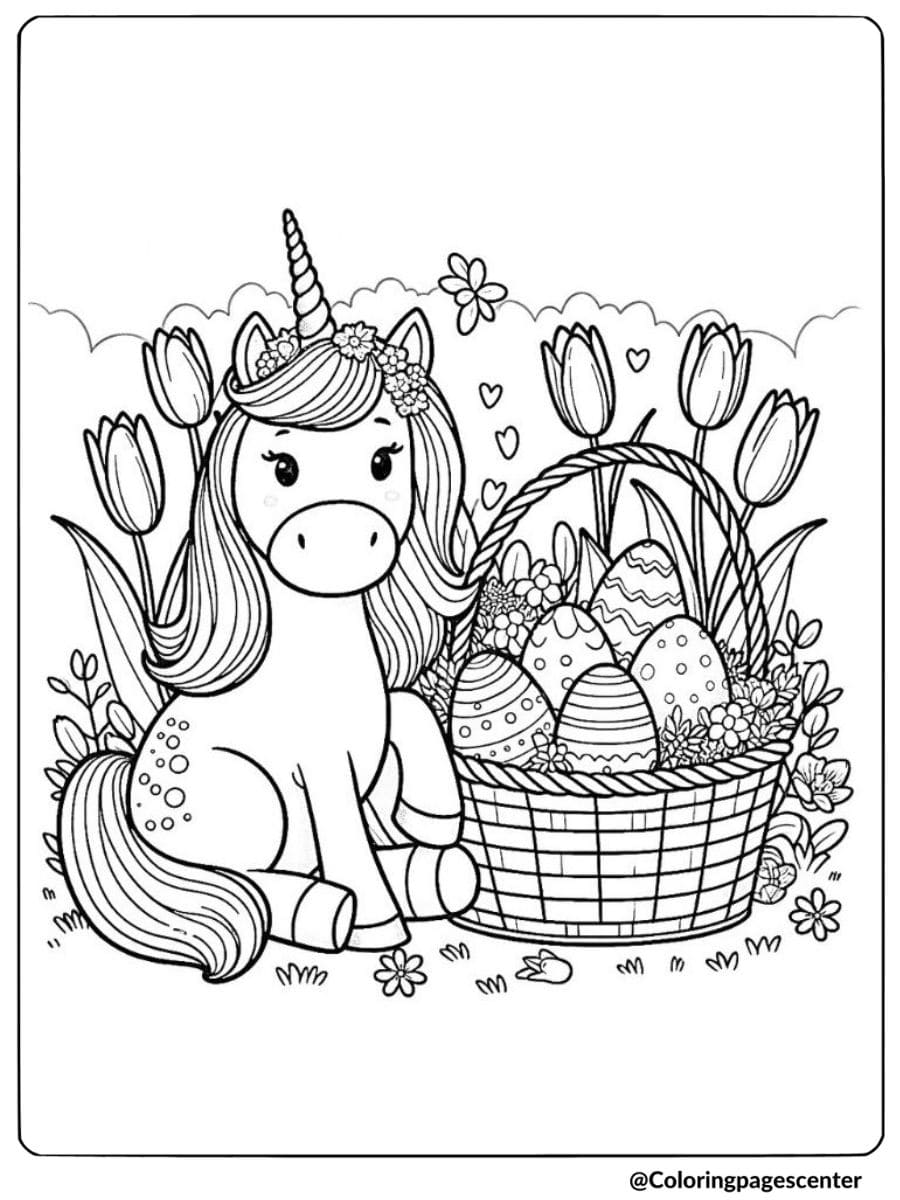 Unicorn sitting by basket of Easter eggs coloring page