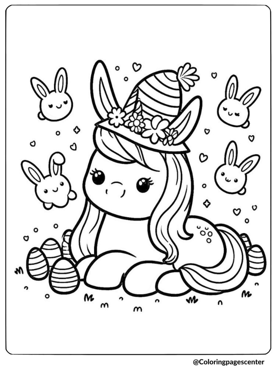 Easter unicorn wearing hat surrounded by bunnies