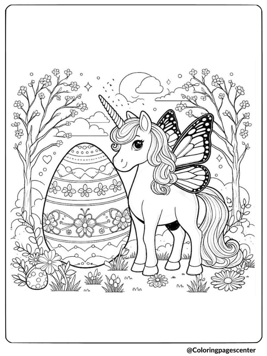 Unicorn with wings and Easter egg in garden coloring page