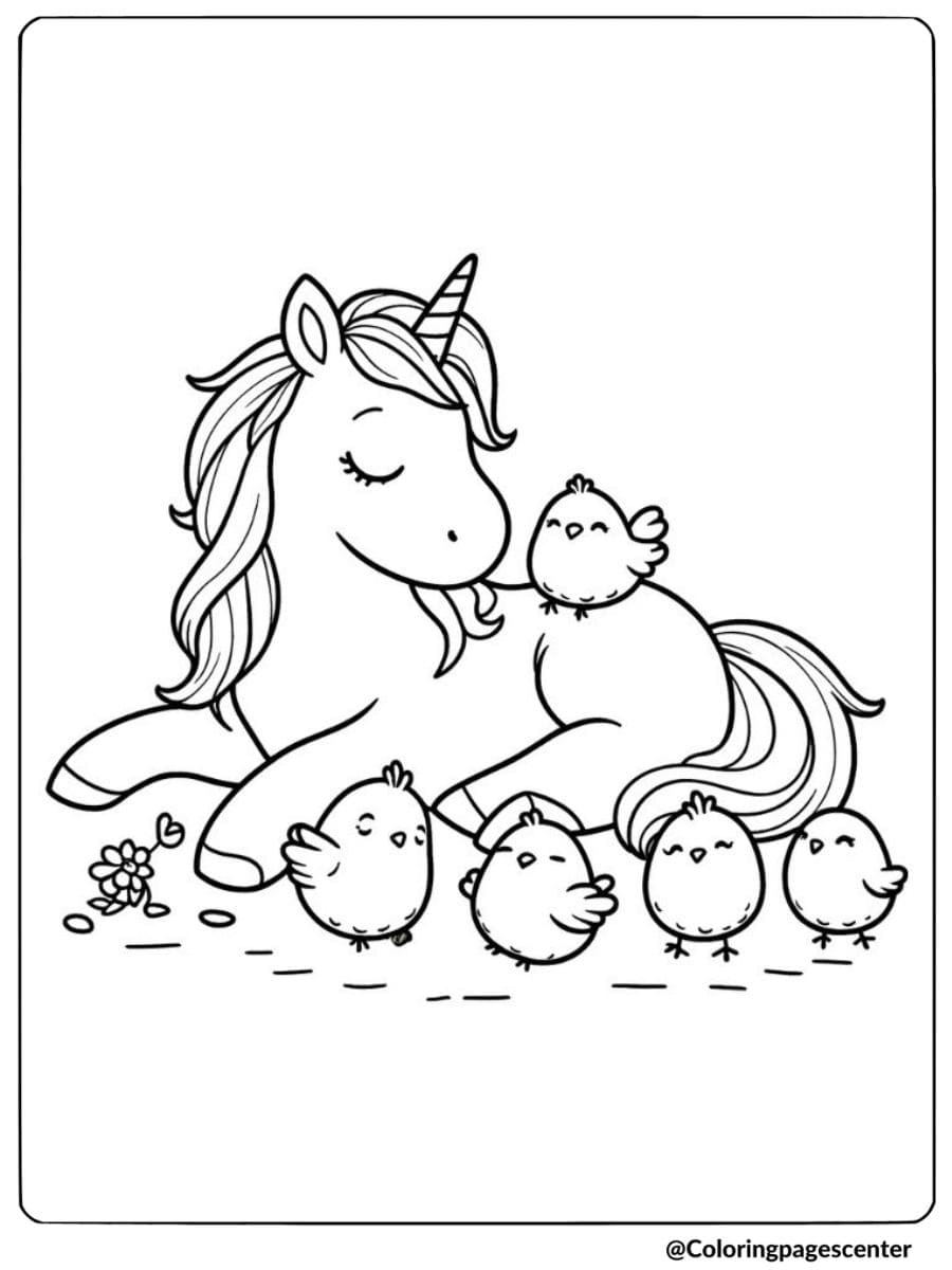 Easter unicorn laying with cute chicks coloring page