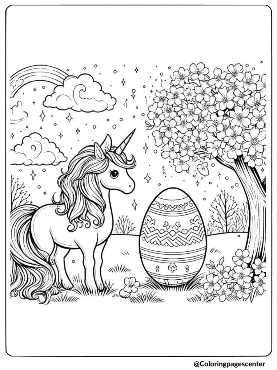 Unicorn with Easter egg under tree coloring page