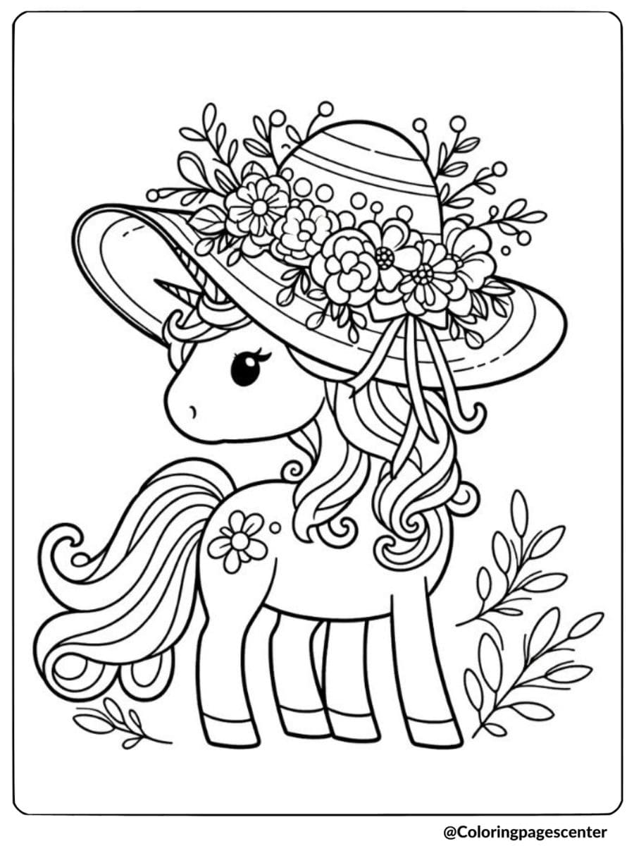 Easter unicorn with flower hat coloring page