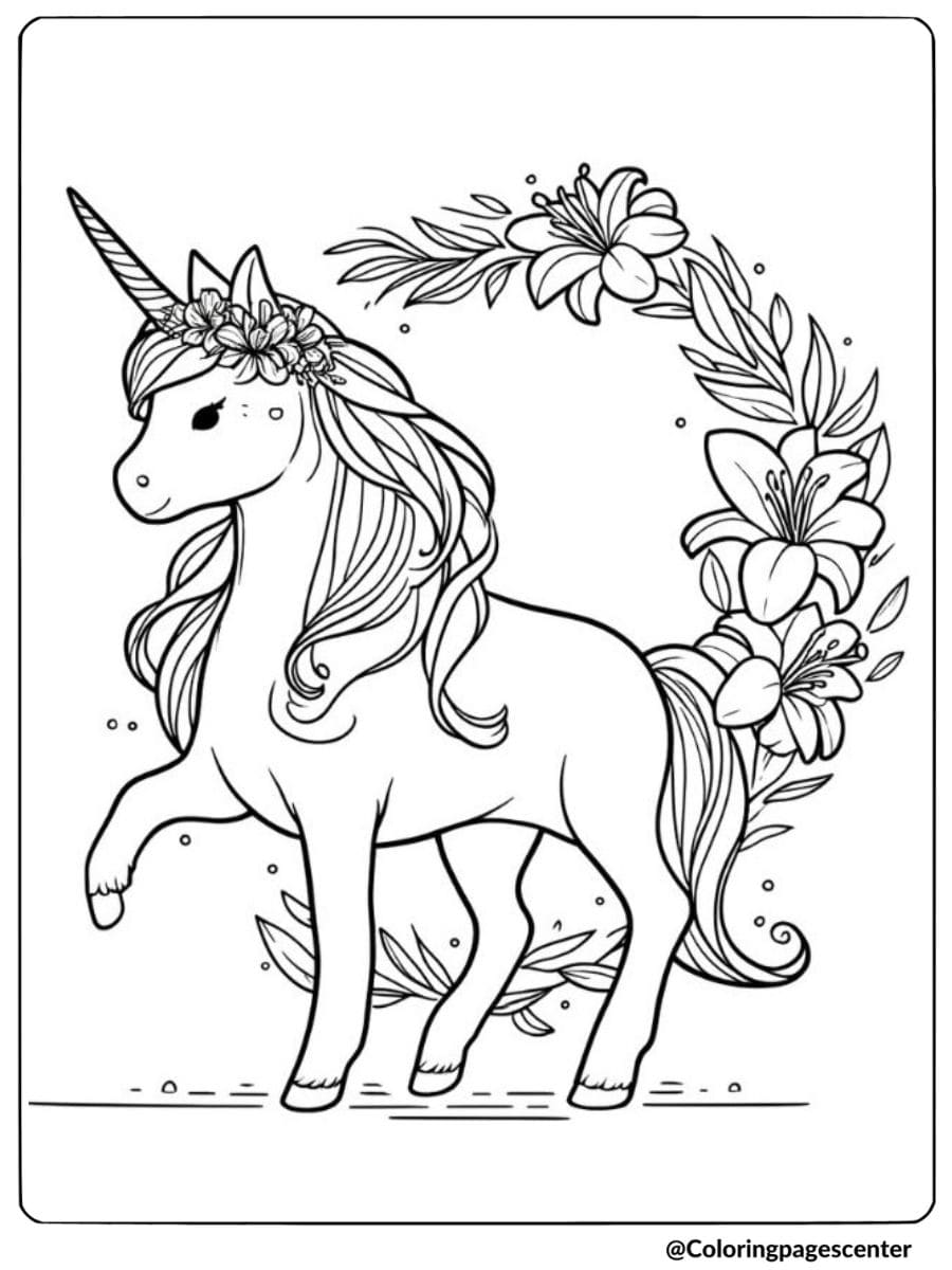 Easter unicorn with wreath of flowers coloring page