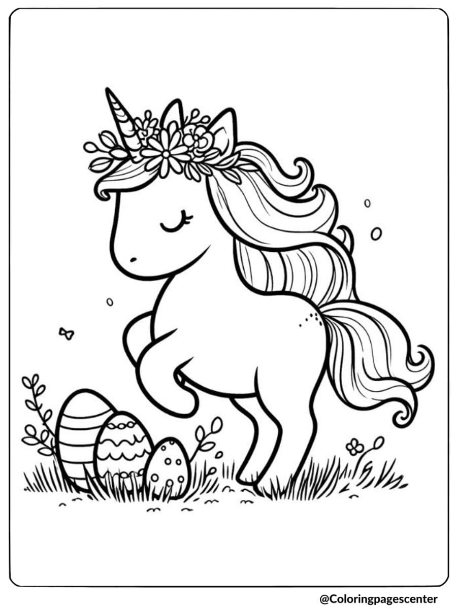 Easter unicorn near colorful eggs coloring page