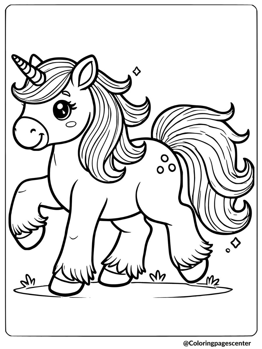 Easy unicorn coloring page of a walking unicorn