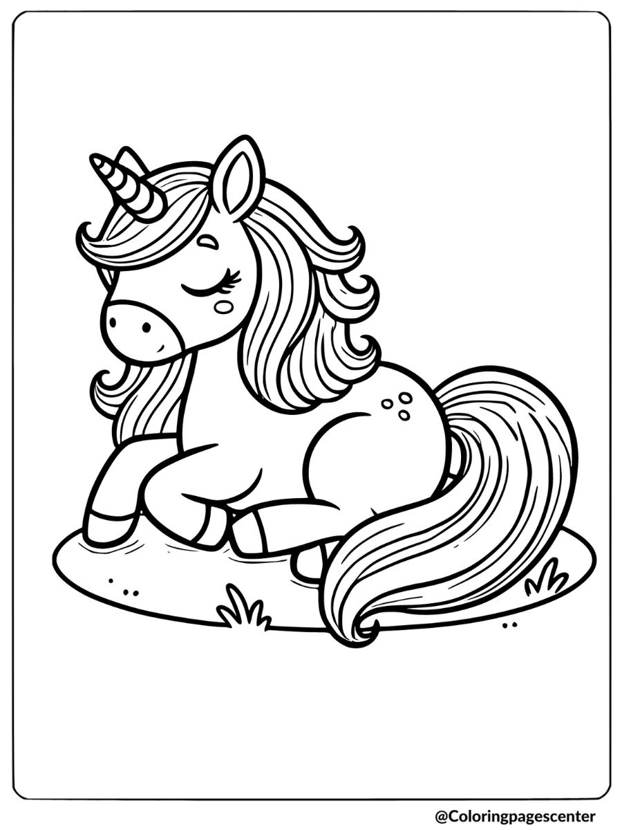Easy unicorn coloring page of a unicorn resting peacefully