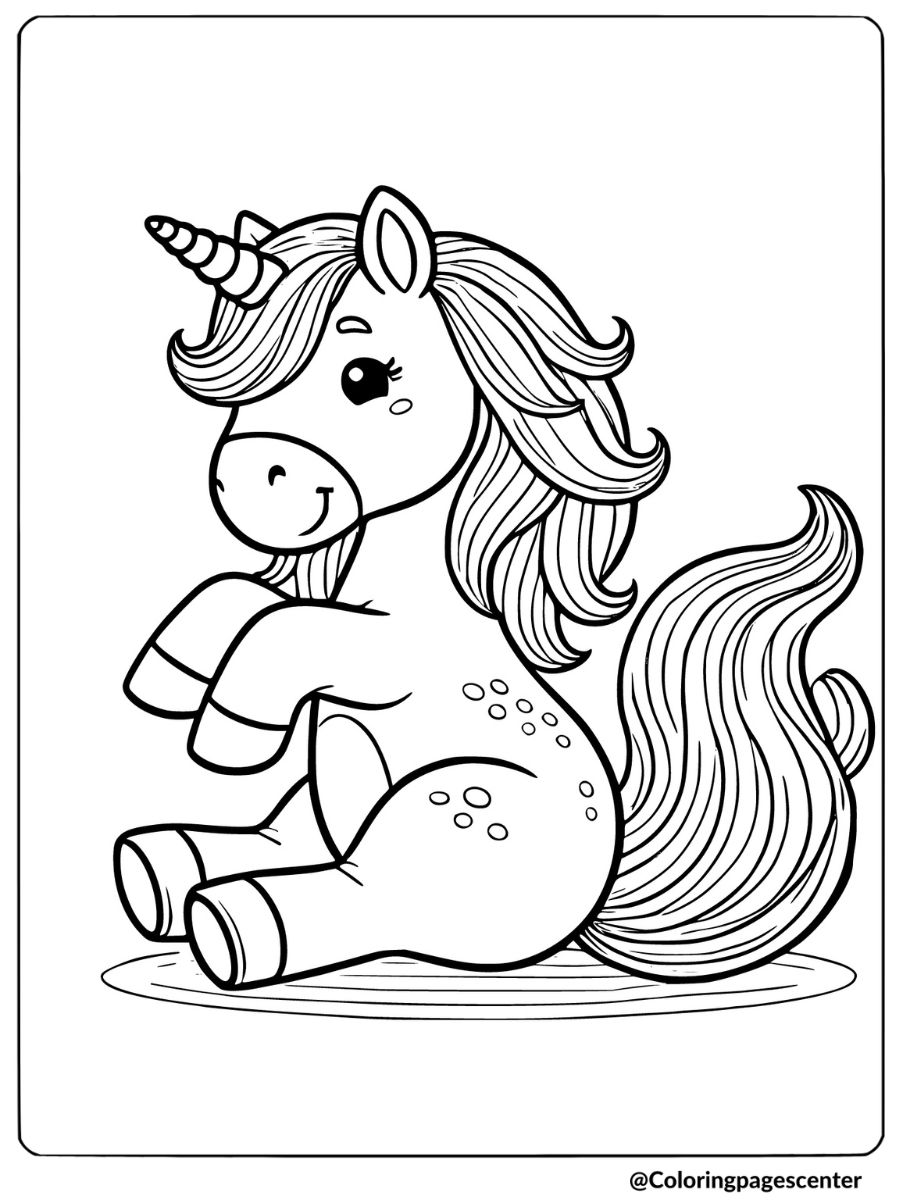 Easy unicorn coloring page with a sitting unicorn